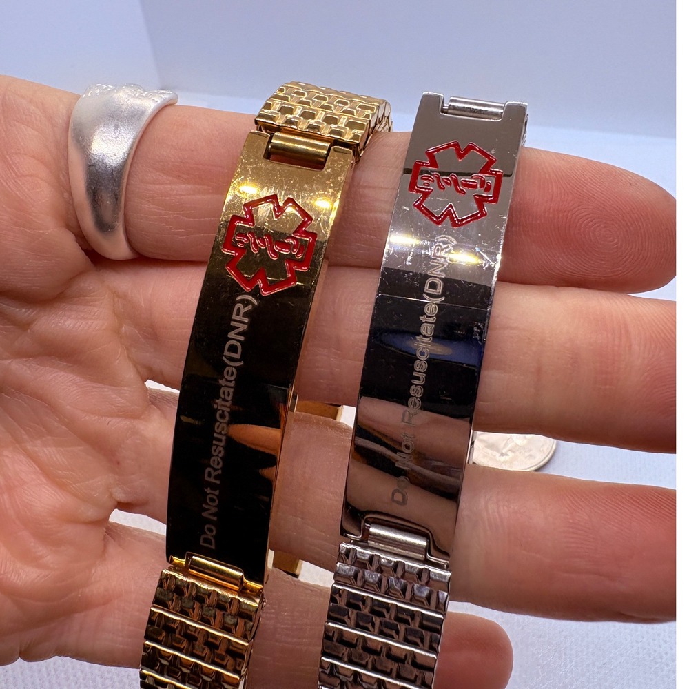 Medical Alert DNR Bracelet Do Not Resuscitate ID Stretch Band Gold Silver Tone